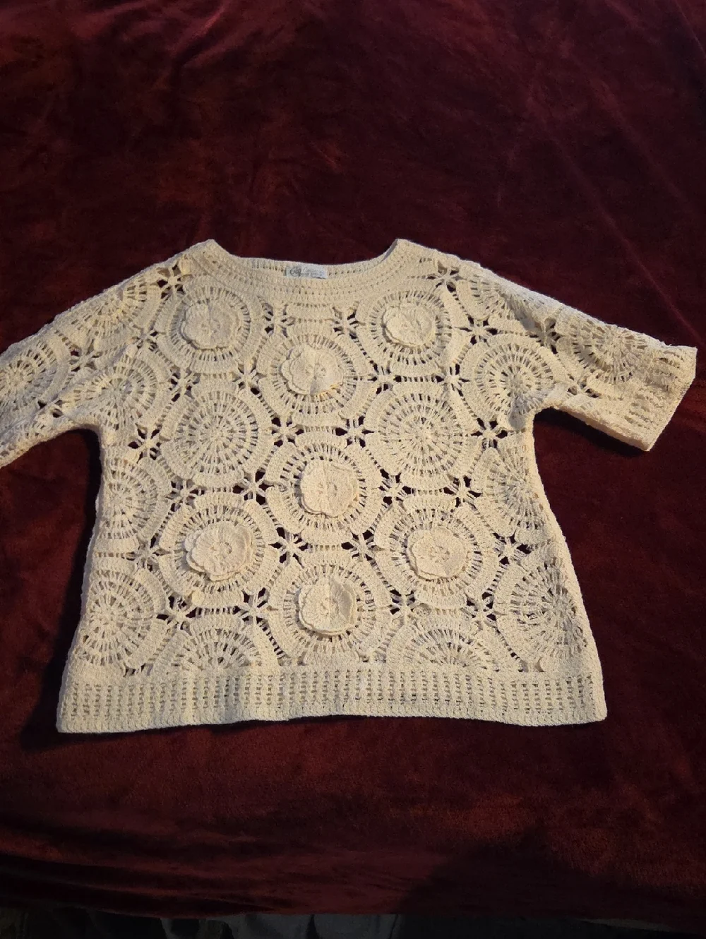 Cato Cream Crochet Flower And Circle Motif Short Sleeve Sweater - Picture 1 of 11